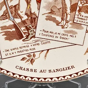 Антикварная Коллекционная тарелка «Охота на серну», Фаянс Sarreguemines Франция, конец XIX века. 