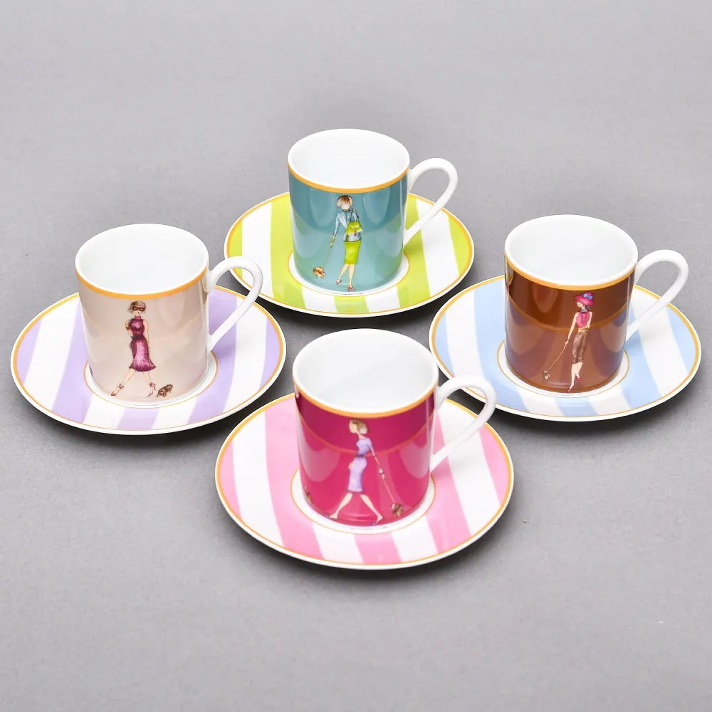 Набор из 4-х Кофейных пар «За покупками - Shopping», Limoges Medard de Noblat Франция, конец ХХ века.