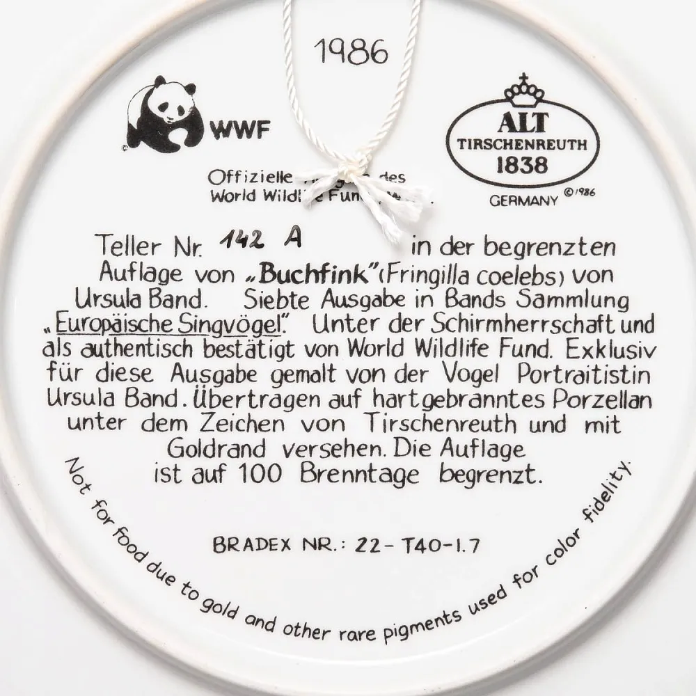 Коллекционная Тарелка «ЗЯБЛИК» Фарфор ALT.Tirschenreuth Германия -1986 год.