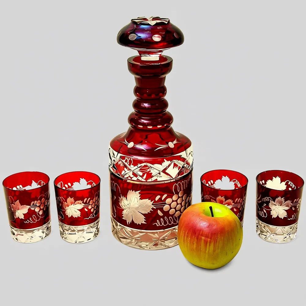 Графин и Четыре Стакана «Виноград» из Цветного Хрусталя DOROTHEENHUTTE Западная Германия 60гг.