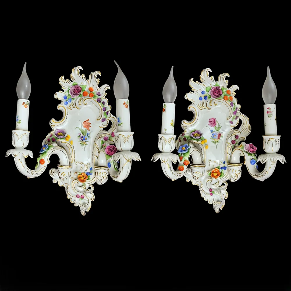 Парные Настенные Электрические Бра - Канделябры, Фарфор PLAUE Von Schierholz Германия.