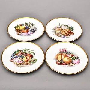 Десертный Набор из 4-х Фарфоровых Тарелок «Изысканные угощения и попугай» Fraureuth Германия, 1910 - 1926 гг.