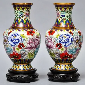 Декоративные Парные Вазы «Летний сад» в технике «Клуазоне» Н -30 см., Китай 50 -е годы ХХ века.