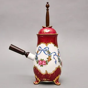 Фарфоровый Кувшин - Чайник для подачи горячего шоколада «Синие ленты» с лопаткой, Pillivuyt Франция.