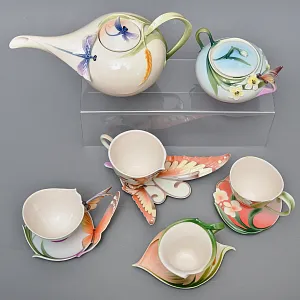 Авторский Фарфоровый Чайный сервиз «Бабочки и стрекозы» на 4 персоны, Franz Collection Тайвань.