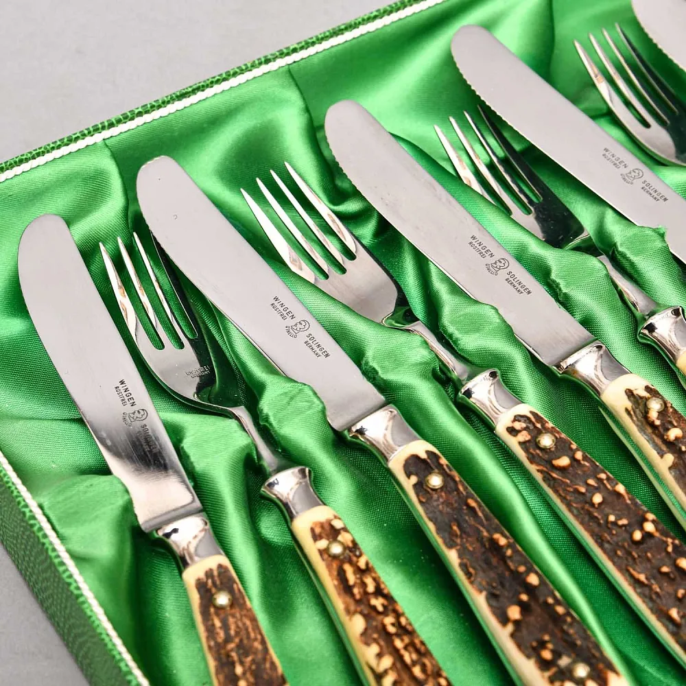 Редкость! Большой Сервировочный Набор для стейка «Охота», Германия, ANTON WINGEN Solingen, 50 -е гг.