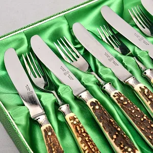 Редкость! Большой Сервировочный Набор для стейка «Охота», Германия, ANTON WINGEN Solingen, 50 -е гг.