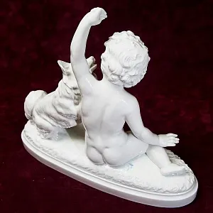 Большая Антикварная Авторская Статуэтка «Мальчик с собакой», Фарфор Villenauxe, Франция -30 гг.