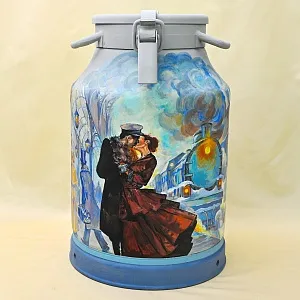 Авторская Картина на Винтажном Бидоне «Паровоз, Перрон и Любовь» - «Зонтичница» или Ёмкость - для хранения зонтов и тростей .