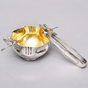 Винтажная Металлическая сахарница с щипчиками «СТРЕКОЗЫ», Англия - середина ХХ века. 