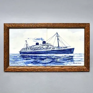 Фарфоровое Панно - Картина «Корабль Willem Ruys», De Leidsche Fles, Голландия середина ХХ века.
