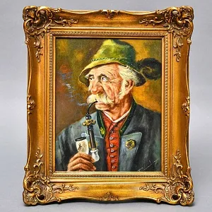 Картина - Портрет «Старый охотник с трубкой», Доска, Масло, Германия -1967 год.