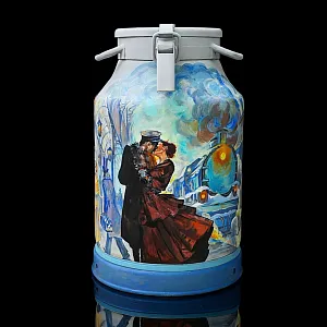 Авторская Картина на Винтажном Бидоне «Паровоз, Перрон и Любовь» - «Зонтичница» или Ёмкость - для хранения зонтов и тростей .