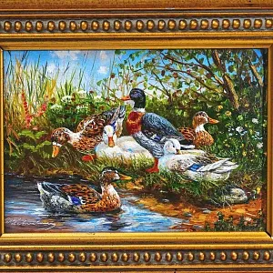 Картина - Пейзаж «На Пруду - Утки Кряквы», Доска, Масло, Германия середина ХХ века.