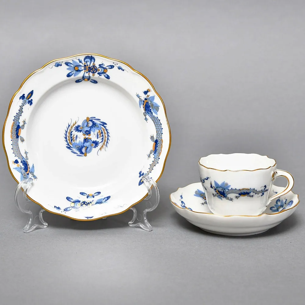 Классическая Кофейная пара и Десертная тарелка «Синий Дракон», Фарфор MEISSEN, Германия. 