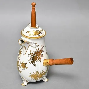 Фарфоровый Кувшин - Чайник для подачи горячего шоколада «Золотые розы» с лопаткой, Limoges Франция.