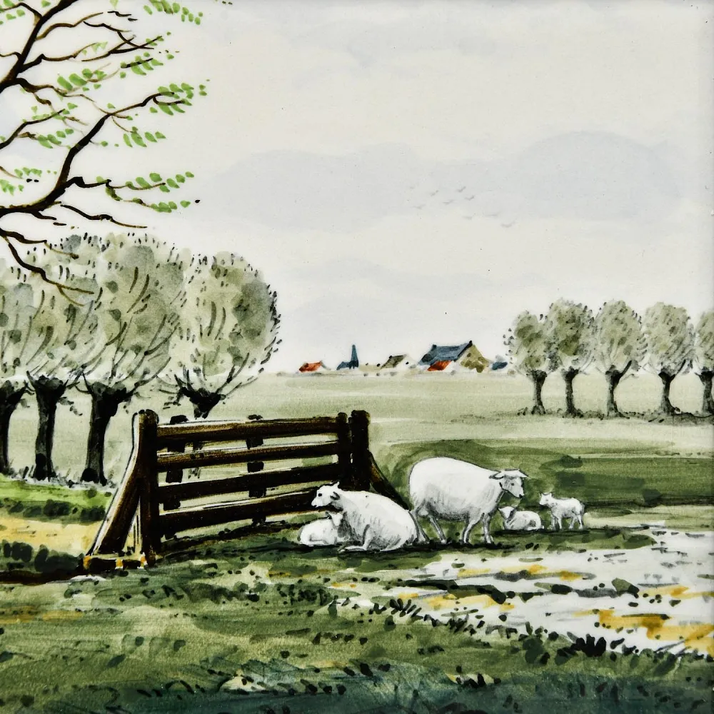Фарфоровый Пласт - Картина - Панно «Сельский пейзаж. Пастбище», Royal Delft Голландия 50 гг. 
