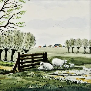 Фарфоровый Пласт - Картина - Панно «Сельский пейзаж. Пастбище», Royal Delft Голландия 50 гг. 