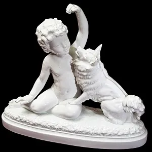 Большая Антикварная Авторская Статуэтка «Мальчик с собакой», Фарфор Villenauxe, Франция -30 гг.
