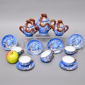 Чайный Сервиз на 6 персон «Небесные Драконы», Фарфор SATSUMA Япония, середина ХХ века.