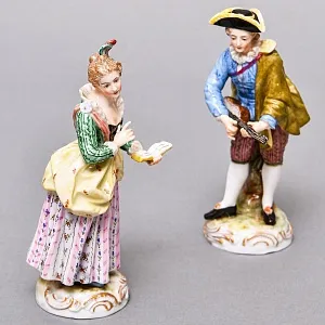  Антикварные Парные статуэтки «Музыкальный Дуэт», Фарфор, Dressel & Kister Passau Германия, 1907 - 1922 гг. 