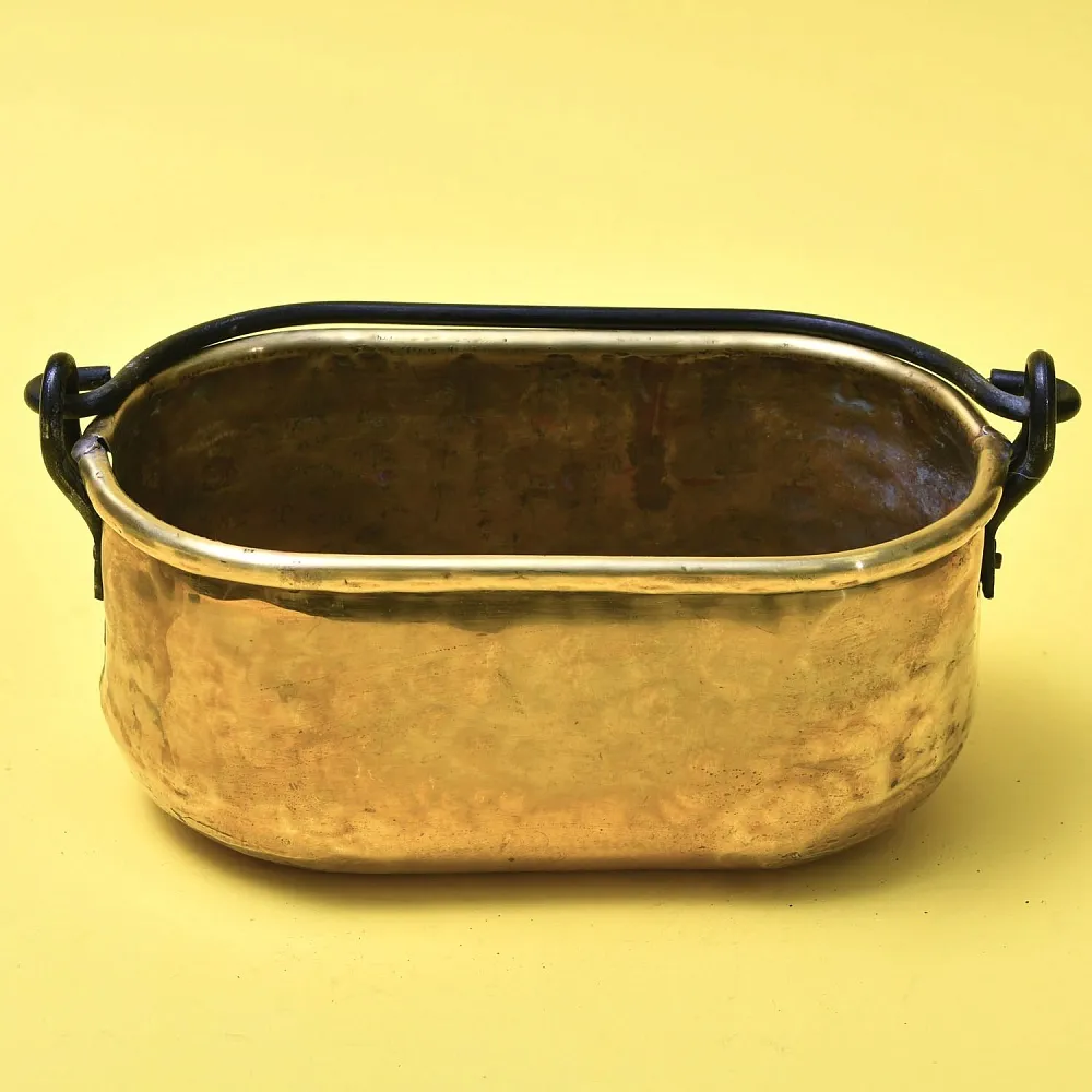 Антикварный Латунный Зольник - Кашпо с кованной ручкой 26 см. х 13 см., Франция начало ХХ века.
