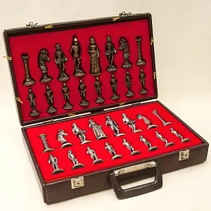 Редкость! Винтажные Коллекционные Оловянные «ШАХМАТЫ» в кожаном кейсе, Германия 60 гг.