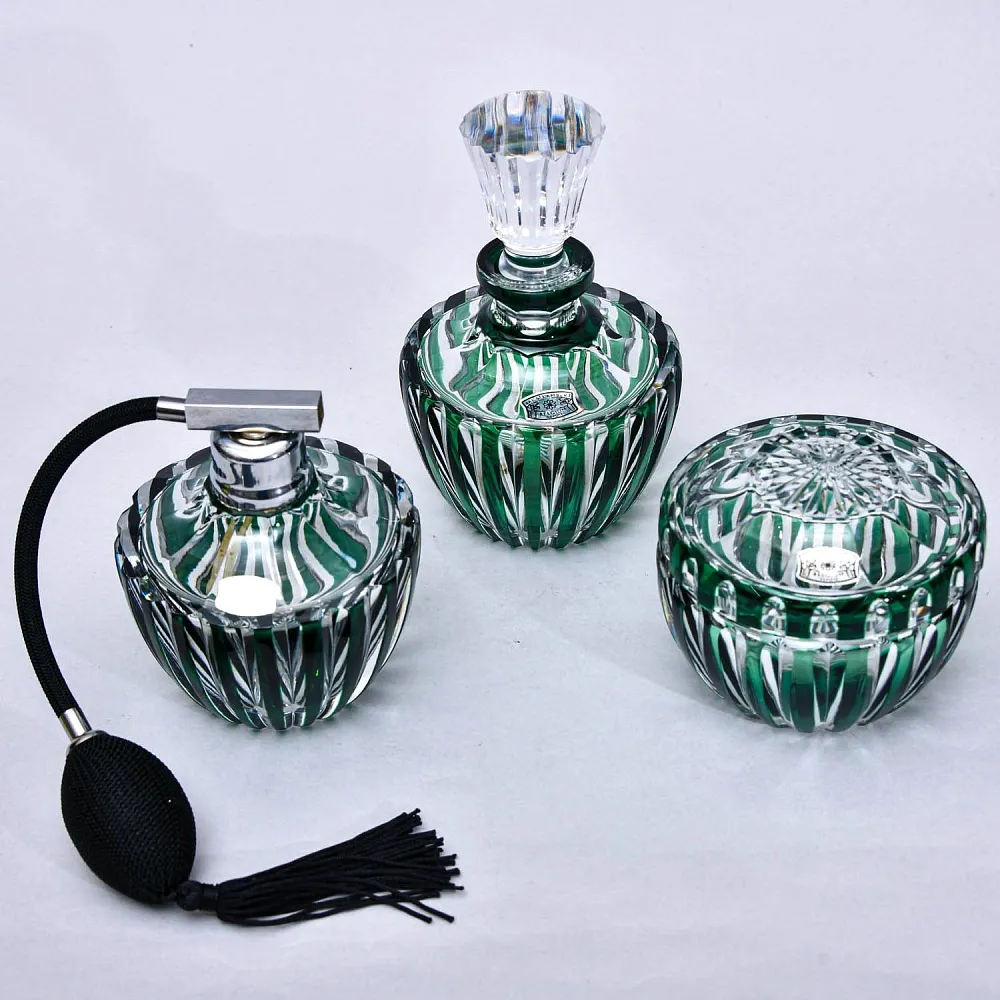 Винтажный Парфюмерный Набор из 3-х предметов, Цветной Хрусталь VAL SAINT LAMBERT, Бельгия.