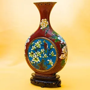 Большие Винтажные Парные Вазы «ПТИЦЫ В САДУ» в технике « Клуазоне» Китай первая половина ХХ века.