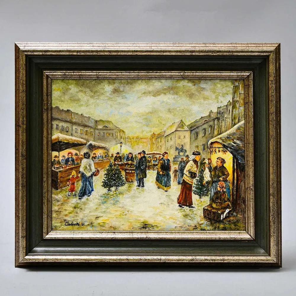 Очаровательная Картина «РОЖДЕСТВЕНСАЯ ЯРМАРКА», Холст, Масло. Германия 1991 год.