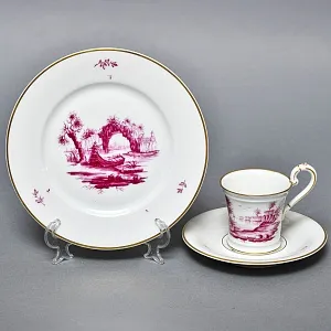 Фарфоровая Кофейная пара + тарелка «Пейзаж у реки», Hochst Германия, середина XX века.