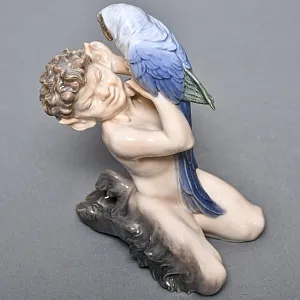 Коллекционная Фарфоровая статуэтка «Фавн с попугаем», Royal Copenhagen Дания, 50-е годы.