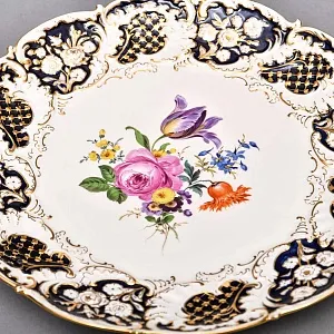 Коллекционное Фарфоровое Блюдо - Тарелка «Букет с тюльпаном и розой», Кобальт, MEISSEN Германия - 1970 год.