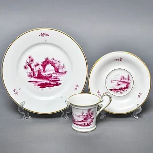 Фарфоровая Кофейная пара + тарелка «Пейзаж у реки», Hochst Германия, середина XX века.