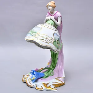 Фарфоровая Электрическая Лампа в стиле Арт-Деко «Девушка с Лилией», Литофания, PLAUE Германия.