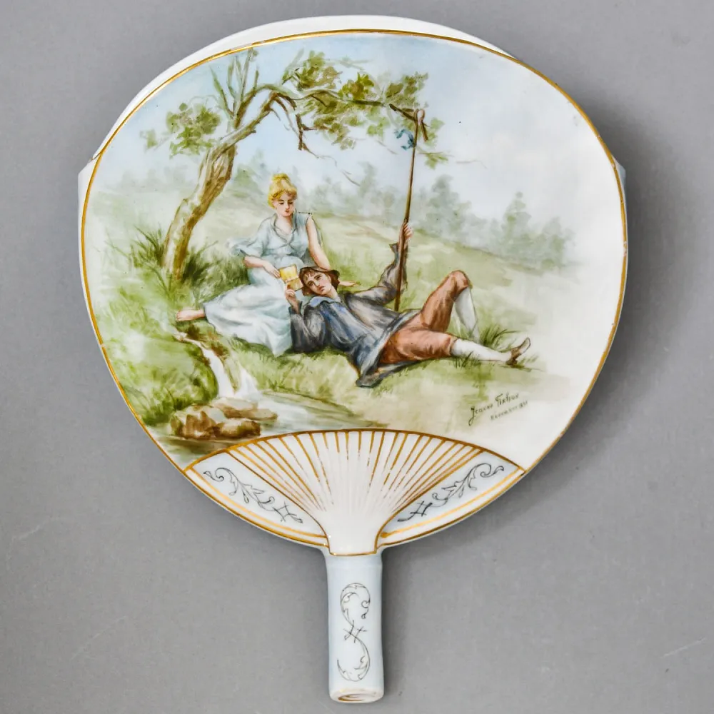 Антикварное Фарфоровое Настенное Кашпо - Ваза «Веер», роспись, Limoges Франция -1891 год.
