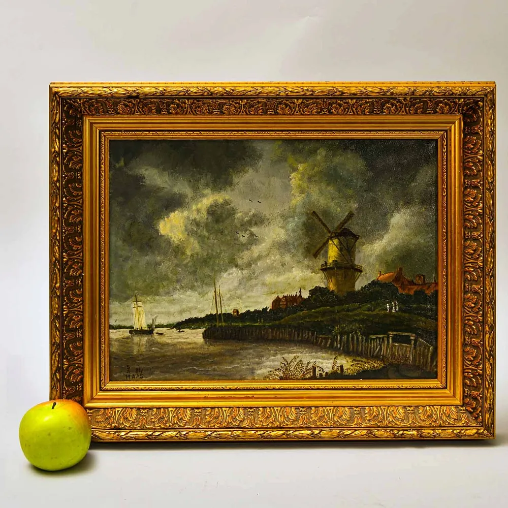Картина - Пейзаж «Река Маас. Пейзаж с мельницей», Холст, Масло. Голландия 1984 год.