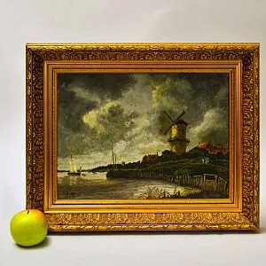 Картина - Пейзаж «Река Маас. Пейзаж с мельницей», Холст, Масло. Голландия 1984 год.