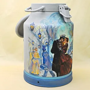 Авторская Картина на Винтажном Бидоне «Паровоз, Перрон и Любовь» - «Зонтичница» или Ёмкость - для хранения зонтов и тростей .