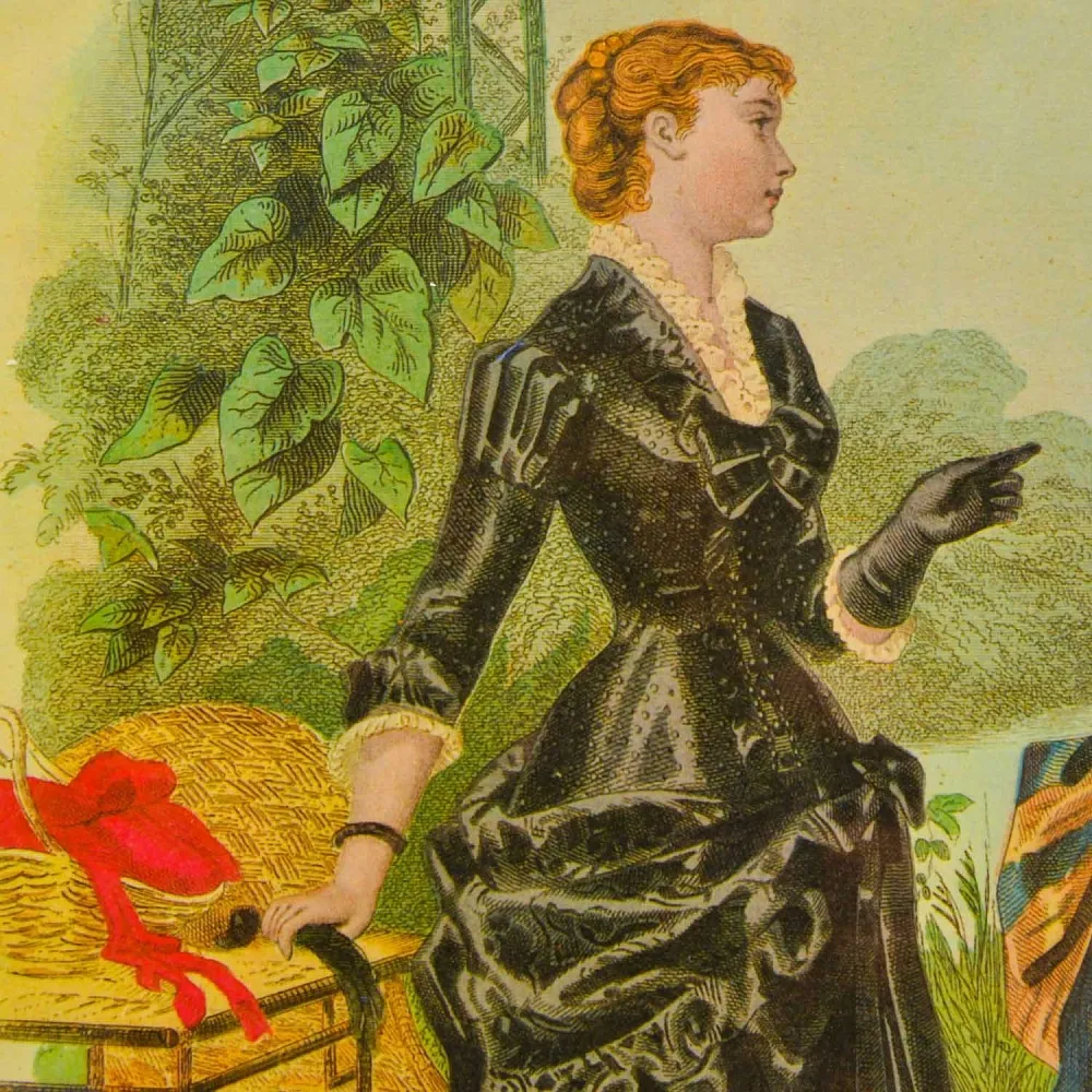 Винтажная Картина - Иллюстрация - Гравюра «Мода. Дамы у пруда», Франция.