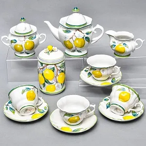 Авторский Чайный сервиз на 4 персоны «Лимоны», фарфор, ручная роспись, Гжель Россия -2000 г..