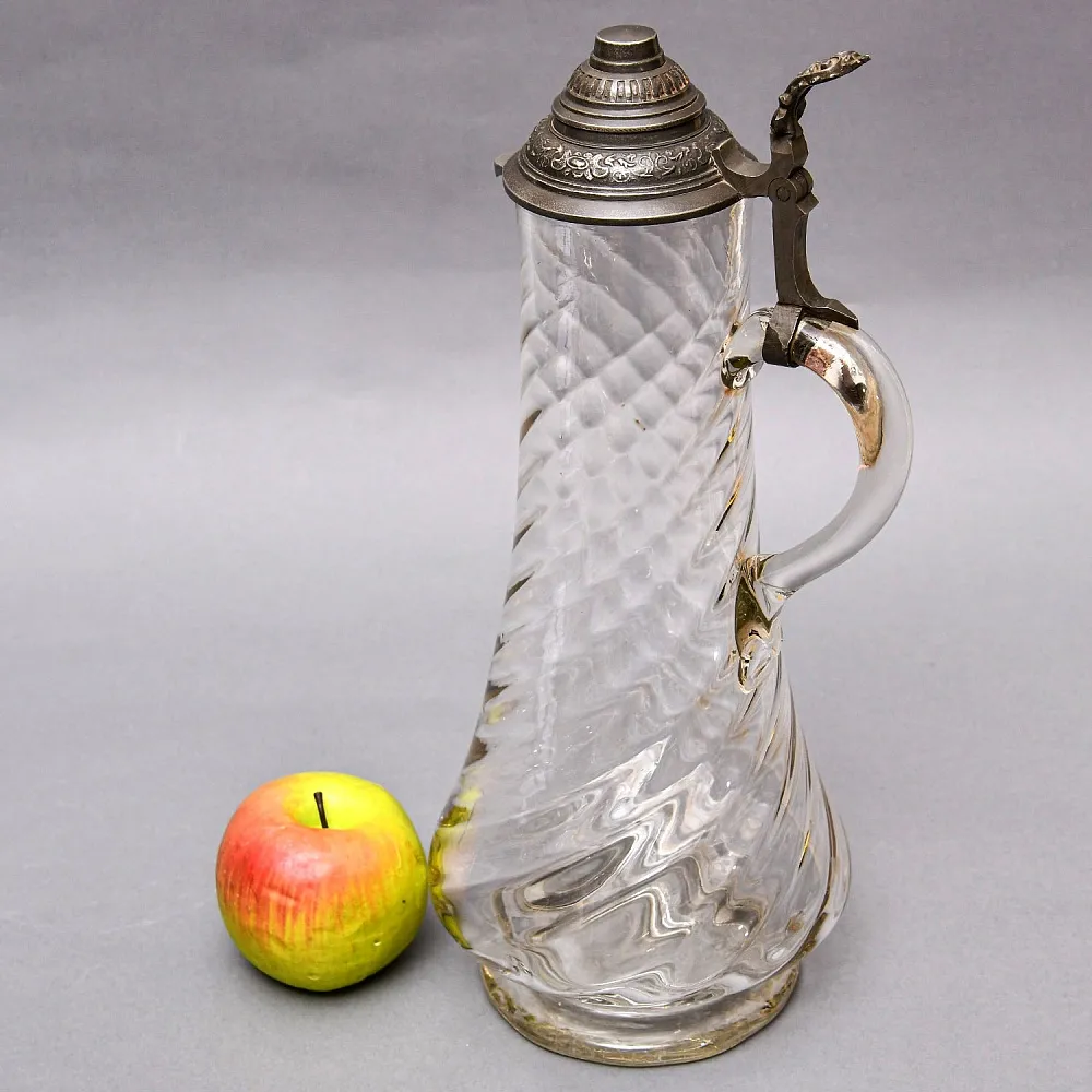 Старинный Хрустальный Кувшин - Графин с Оловянной крышкой, Ручной работы Германия середина XX века.