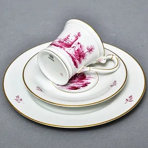 Фарфоровая Кофейная пара + тарелка «Пейзаж с башней», Hochst Германия, середина XX века. 