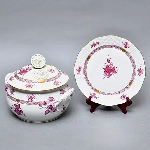 Фарфоровая Супница - Тюрина на подставке «APPONYI PURPUR», HEREND Венгрия - 1942 год.  