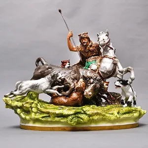 Антикварная Фарфоровая статуэтка «ОХОТА НА БЫКА», Scheibe-Alsbach Германия, первая половина ХХ века. 