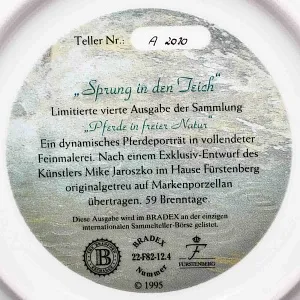 Коллекционная Фарфоровая тарелка «Лошади. Прыжок в пруд», Furstenberg Германия - 1995 год.