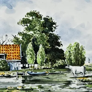 Фарфоровый Пласт - Картина - Панно «Сельский пейзаж. Заливной Луг», Royal Delft Голландия 50 гг.