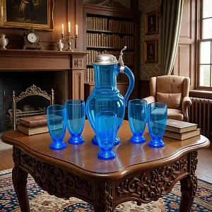 Антикварный Стеклянный Набор Кувшин + Стаканы «Аквамарин» Германия - 30-е годы ХХ века.