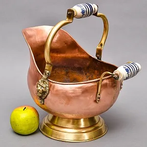 Классический Медный Зольник с  Фарфоровыми ручками, Кашпо Англия, середина ХХ века!