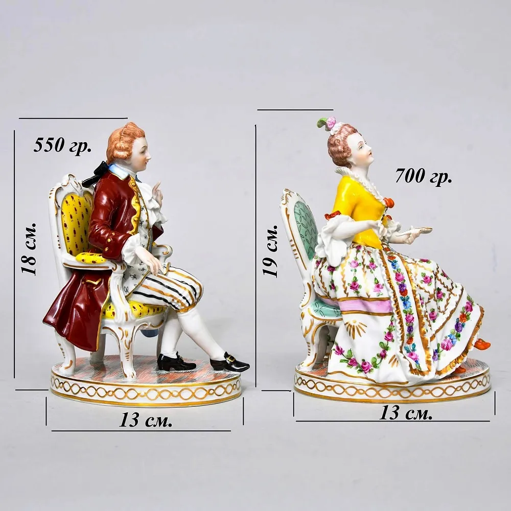 Коллекционные Парные статуэтки «Дама и Кавалер. Светская беседа», Фарфор SP Dresden, Германия.